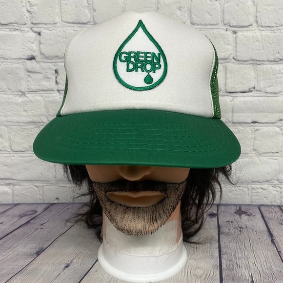 Vintage Hat Cap Snapback Green White Trucker Mesh Patch Green Drop Embroidered - Picture 1 of 8